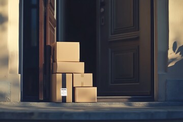 Packages Stacked at Doorstep for Home Delivery