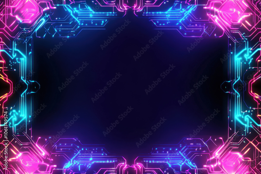 Poster this artwork features a glowing neon circuit design framing a dark central space, perfect for techno