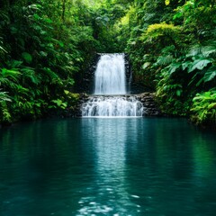 Tranquil waterfall cascading into a clear blue pool surrounded by lush tropical foliage.