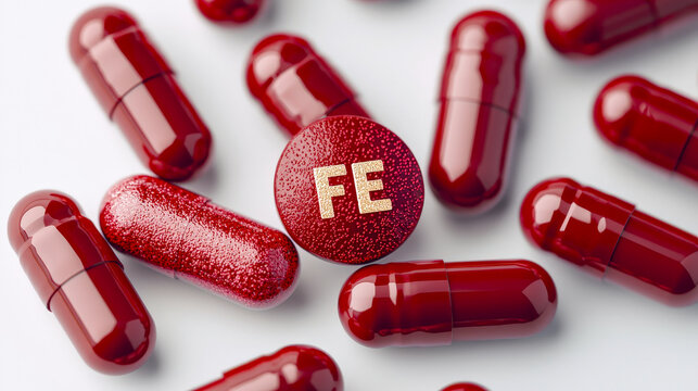 A collection of red supplement capsules and tablets with one tablet  'FE', showcasing iron supplements on a neutral surface