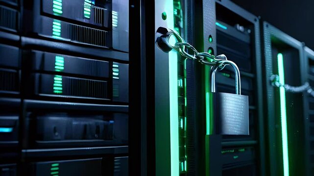 A server rack is secured with a padlock and chain, highlighting the importance of data security.