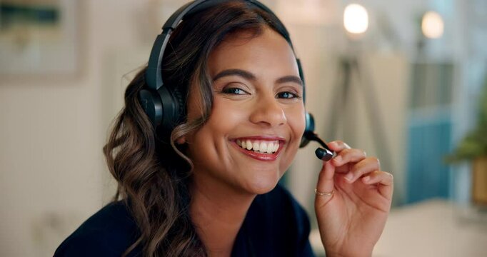 Call center, headset and face of woman agent in office for inbound crm, sales and telemarketing. Customer support, contact and portrait of advisor with multilingual technical service for translation.