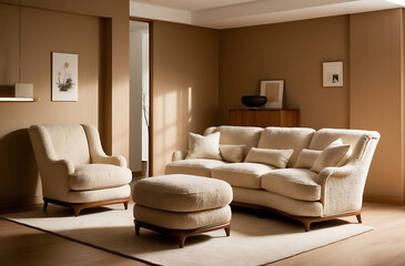 Fototapeta premium Minimalist japandi style interior design of modern living room, lounge chairs and sofa in classic room.