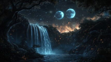 Fototapeta premium Magical Waterfall Under a Starry Sky
