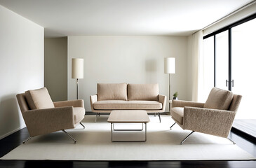 Minimalist japandi style interior design of modern living room, lounge chairs and sofa in classic room.