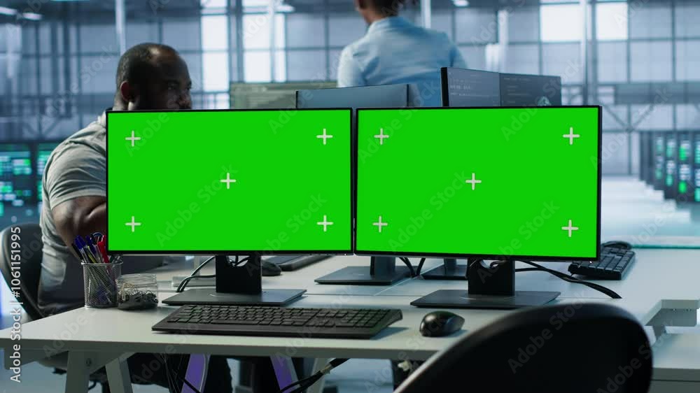 Poster green screen pc multi monitor setup in server hub workspace used to repair devices storing datasets.