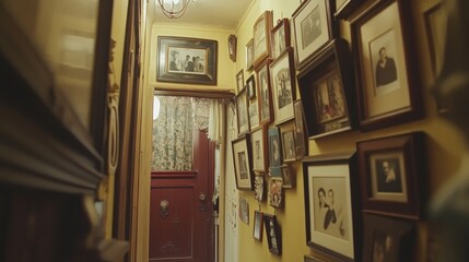 A narrow hallway with yellow walls and a red door, covered with framed black and white photos.