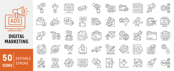 Digital Marketing Icon Collection Set. Containing Customer, Community, Video Marketing, Strategy. Simple line vector illustration.