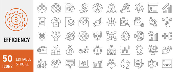 Efficiency icon collection. Containing optimization, effectiveness, productivity, lean processes, time management, cost icon. Simple line vector.