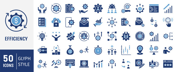 Efficiency icon set . Containing icons: Optimization, effectiveness, productivity, lean processes, time management, cost icon. Vector illustration