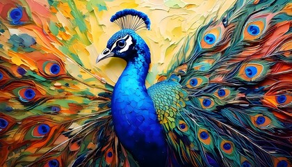Beautiful peacock with its tail open. Closeup of colorful peacock feathers on oil canvas. Abstract rough oil strokes with bird seamless pattern, impasto oil painting, thick strokes of bright colors