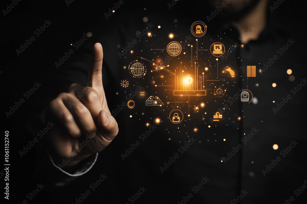 Poster a hand reaches out, touching a glowing network of connected data icons