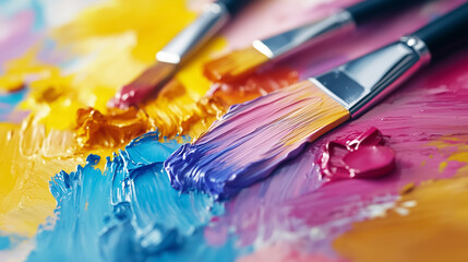 Fototapeta premium Brightly dipped brushes swirl, celebrating the joy of artistic exploration in a vibrant creative space