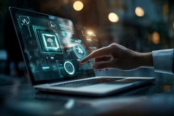 A hand hovers over a laptop screen displaying digital information