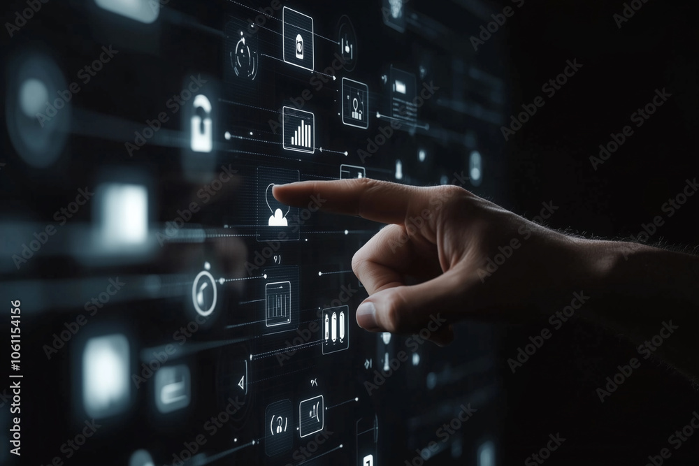 Poster a hand interacts with a digital interface, pointing at a profile icon