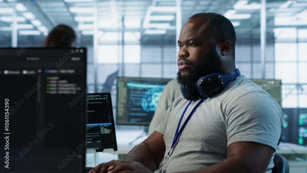 Poster engineer working in high tech establishment providing computing resources for different workloads. a