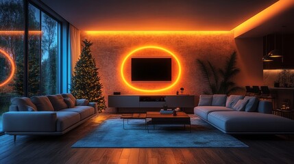 An evening view of the city and a Christmas tree in the living room.