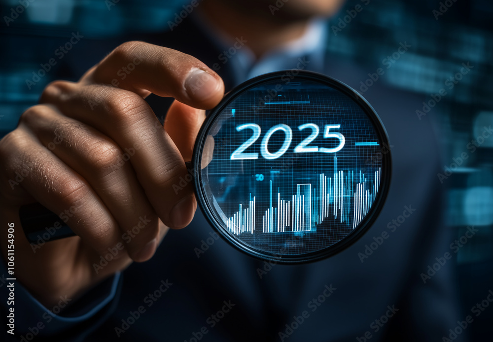 Aufkleber A hand holds a magnifying glass over a digital display showing a graph and the year 2025
