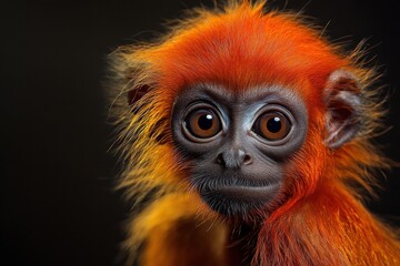 Fototapeta premium Mystic portrait of baby Spider Monkey primate in studio, copy space on right side, Headshot, Close-up View, isolated on black background