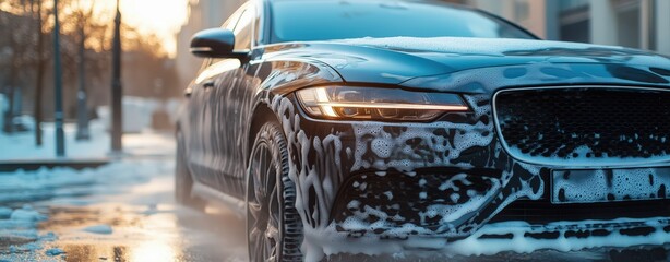 Car being washed with foam soap close-up, highlighting luxury vehicle cleanliness and thoroughness