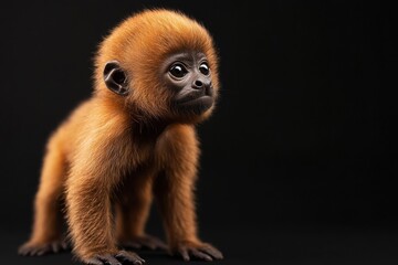 Fototapeta premium the beside view baby Howler Monkey primate standing, left side view, low angle, white copy space on right, Isolated on black Background
