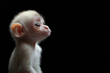 the beside view baby Tarsius primate standing, left side view, low angle, white copy space on right, Isolated on black Background