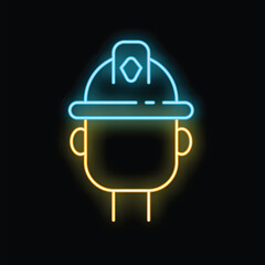 Glowing neon icon representing a construction worker wearing a hard hat, emphasizing workplace safety