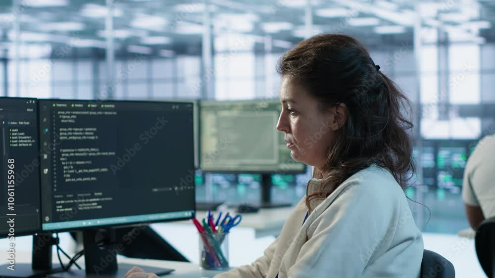 Poster portrait of smiling technician programming in ai data center used for machine learning training. che