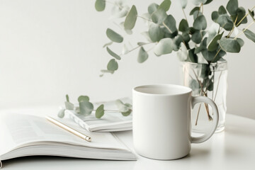 A white mug sits on a table next to an open book and a vase of eucalyptus