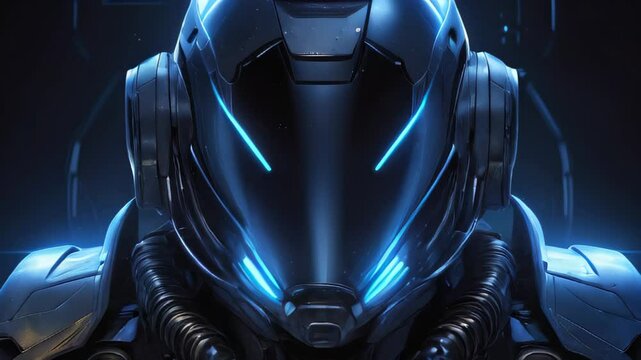 futuristic and sleek battle robot stands against a cosmic background