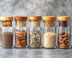 Healthy Eating with Diverse Grains and Seeds in Glass Jars A Visual Guide to Nutrient-Dense and Heart-Healthy Nutrition