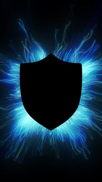 Zoom of black shield, blue energy lines, conveying a sense of security and resilience. loop, vertical format for social meia post