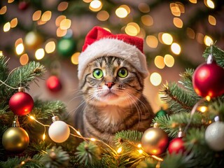 Adorable Cat Wearing Santa Hat Among Christmas Tree Decorations, Festive Holiday Spirit in Cozy Atmosphere, Cute Feline with Bright Eyes, Joyful Winter Scene for Animal Lovers