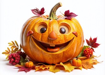 Adorable Halloween Pumpkin with a Smile, Isolated on White for Festive Thanksgiving Decor, Cute Seasonal Decorations, Whimsical Autumn Vibes, Fun Holiday Imagery