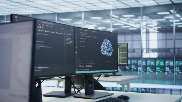 Interlinked computers in data center creating server network, using parallel computing to perform complex calculations and process large amounts of data, close up panning shot