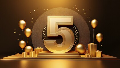 Fototapeta premium Happy 5 year birthday gold greeting background