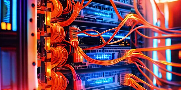 Closeup of server rack with network cables, glowing with orange and blue light.
