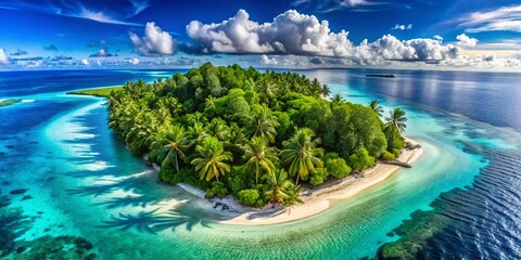 Aerial View of a Serene Tropical Island Surrounded by Crystal Clear Ocean Waters, Perfect for Nature Lovers and Travel Enthusiasts Seeking Scenic Beauty and Adventure