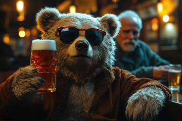 Bear Wearing Sunglasses Drinking Beer with an Old Man in the Background

