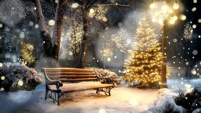 a christmas scene with a bench and trees. seamless looping time-lapse virtual 4k video animation background