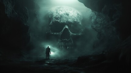 Rocky mountain in the shape of a human skull with an explorer standing. Fantasy theme. Halloween poster.