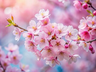 Beautiful Long Exposure of Cherry Blossoms in Spring, Soft Focus, Captivating Nature Scene in Korea with Delicate Pink Petals, Serene Atmosphere and Blurred Background