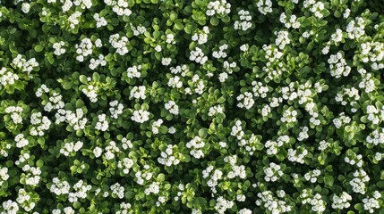 A lush field of small white flowers surrounded by vibrant green foliage.