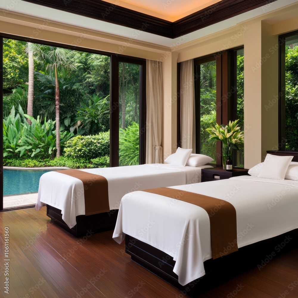 Wall mural Two white beds with brown trim and white linens in a spa room with large windows overlooking a swimming pool and lush tropical foliage.