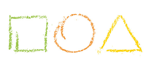 Texture of wax crayon .Geometric shapes hand drawn circle, square, triangle .Multicolored shaped frames