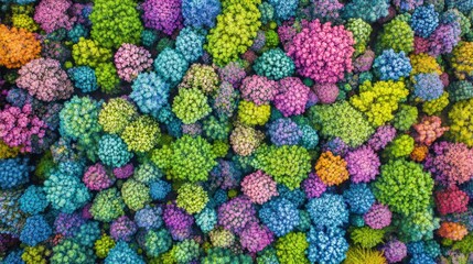 A vibrant aerial view of colorful clusters resembling coral or foliage.