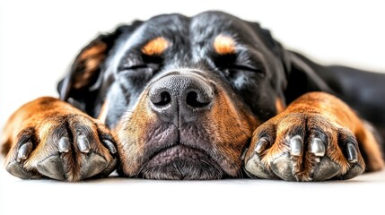 A close-up of a sleeping Rottweiler with its eyes closed and paws resting.