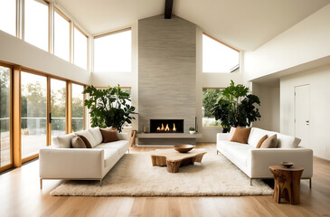 Fototapeta premium Scandinavian interior design of modern bright living room with minimalistic design, white sofas, natural wood accents, and central fireplace. Large windows and indoor plants