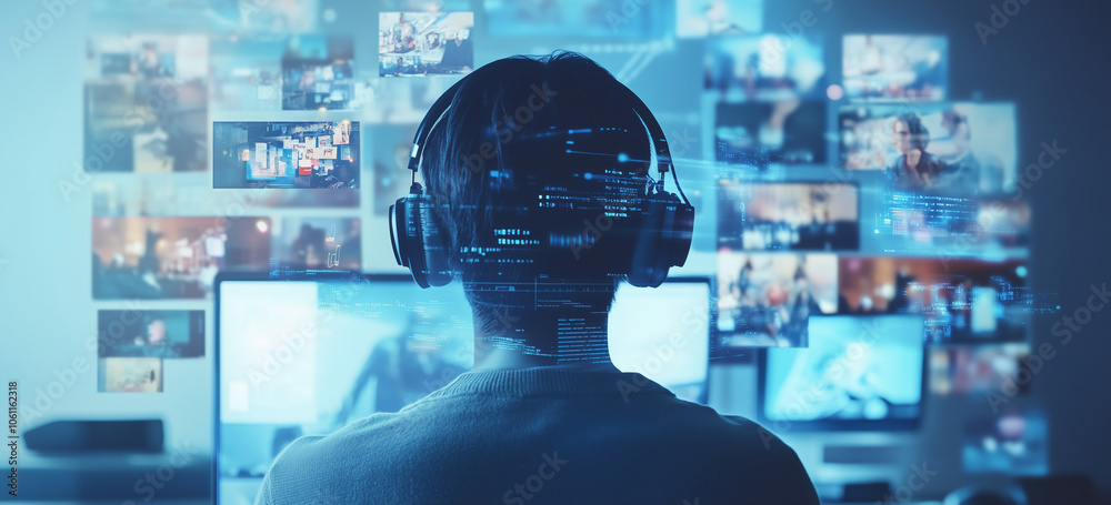 Poster a person sits at their computer wearing headphones, surrounded by video screens displaying various c