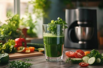 Fresh Green Juice in a Glass with Healthy Ingredients